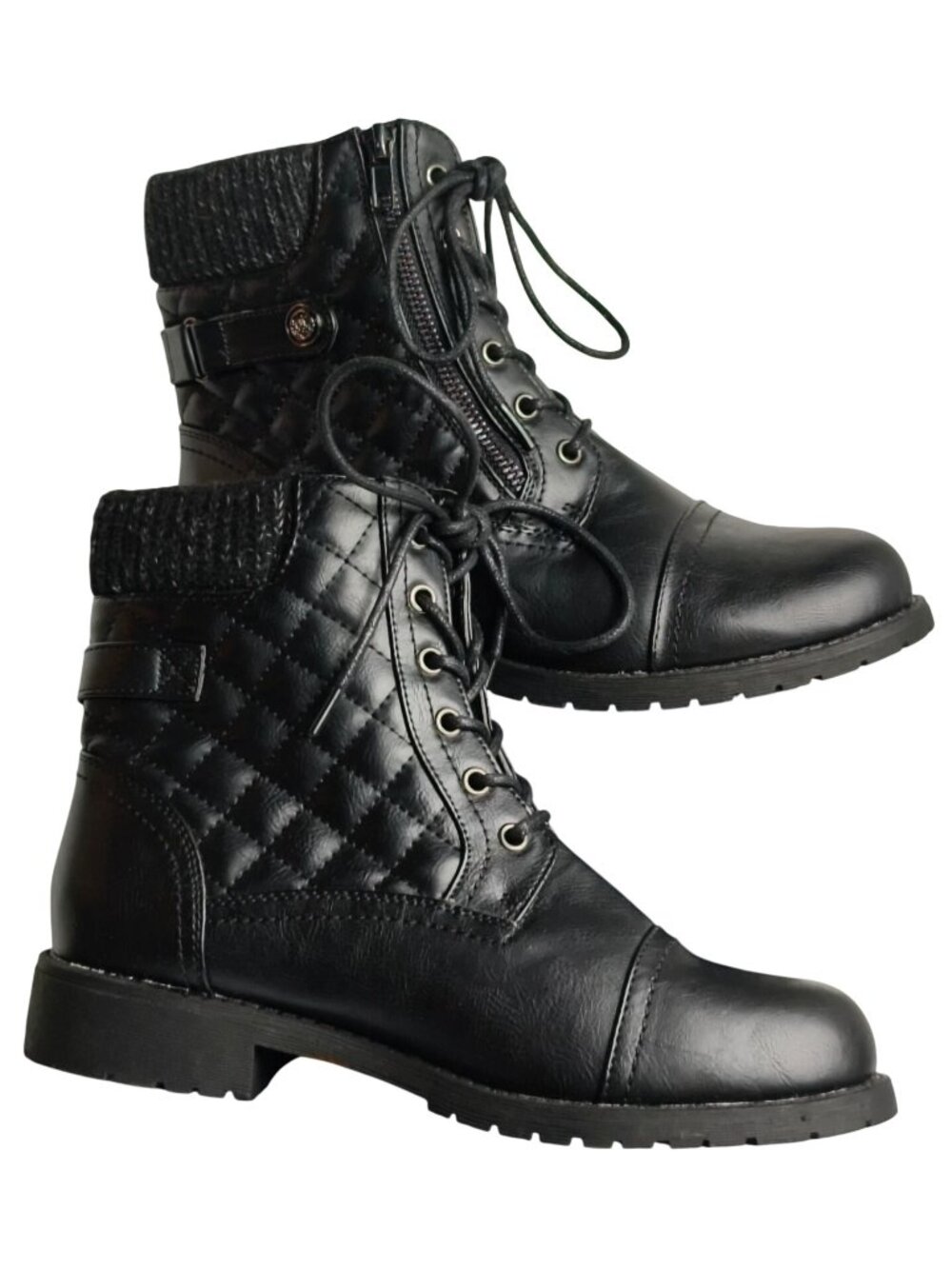 Vepose NY Womens 8.5 Lace-Up Combat Boots Black Quilted Side Zipper NEW